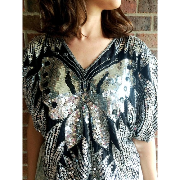vintage 70s BUTTERFLY SEQUIN silk party statement top cocktail avant garde - Picture 5 of 10